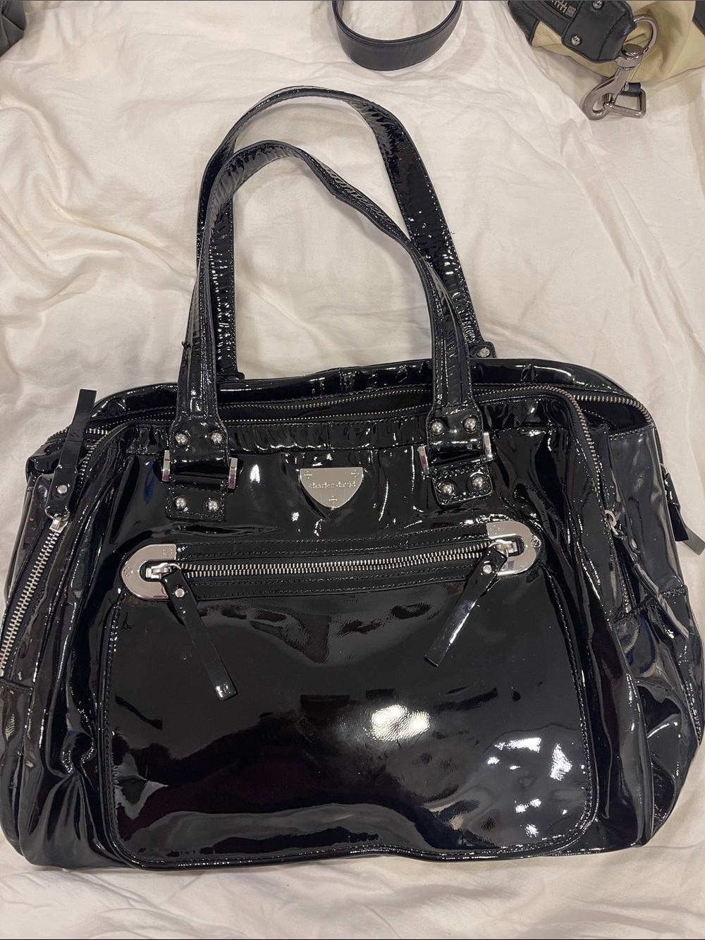 Charles David Black Patent leather Tote with Silver Hardware
